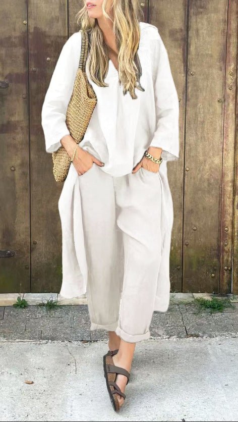 Loose V-Neck Top and Wide-Leg Trousers Set - WowStore.live