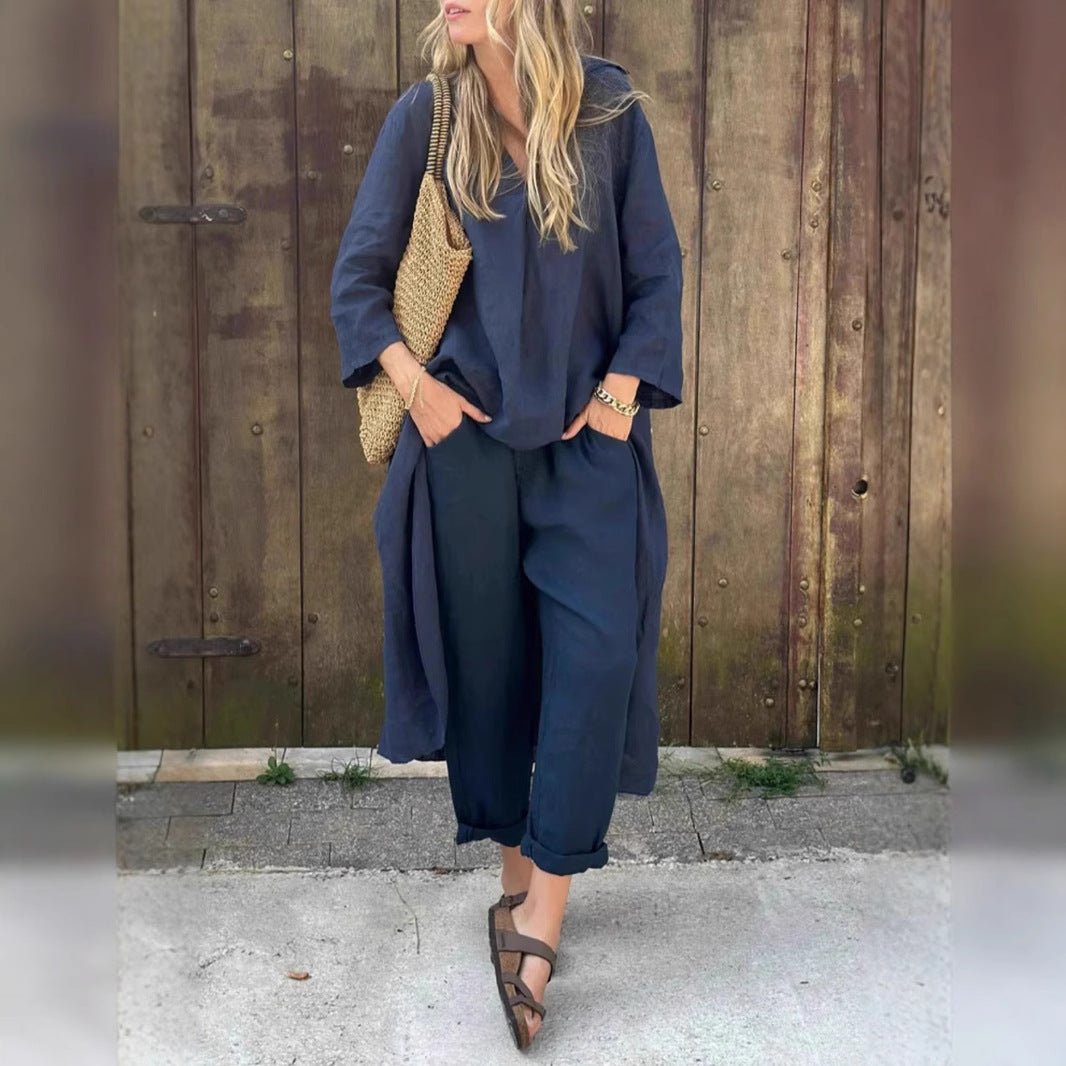 Loose V-Neck Top and Wide-Leg Trousers Set - WowStore.live