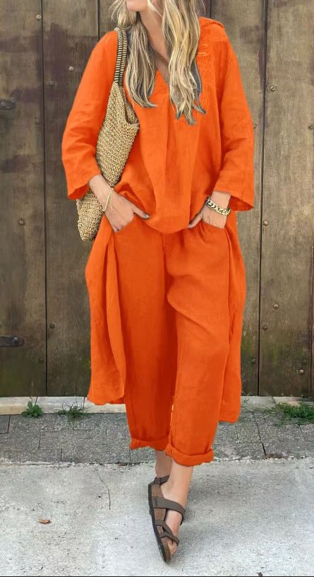 Loose V-Neck Top and Wide-Leg Trousers Set - WowStore.live