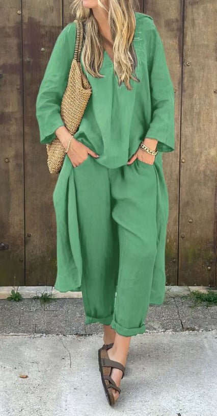 Loose V-Neck Top and Wide-Leg Trousers Set - WowStore.live