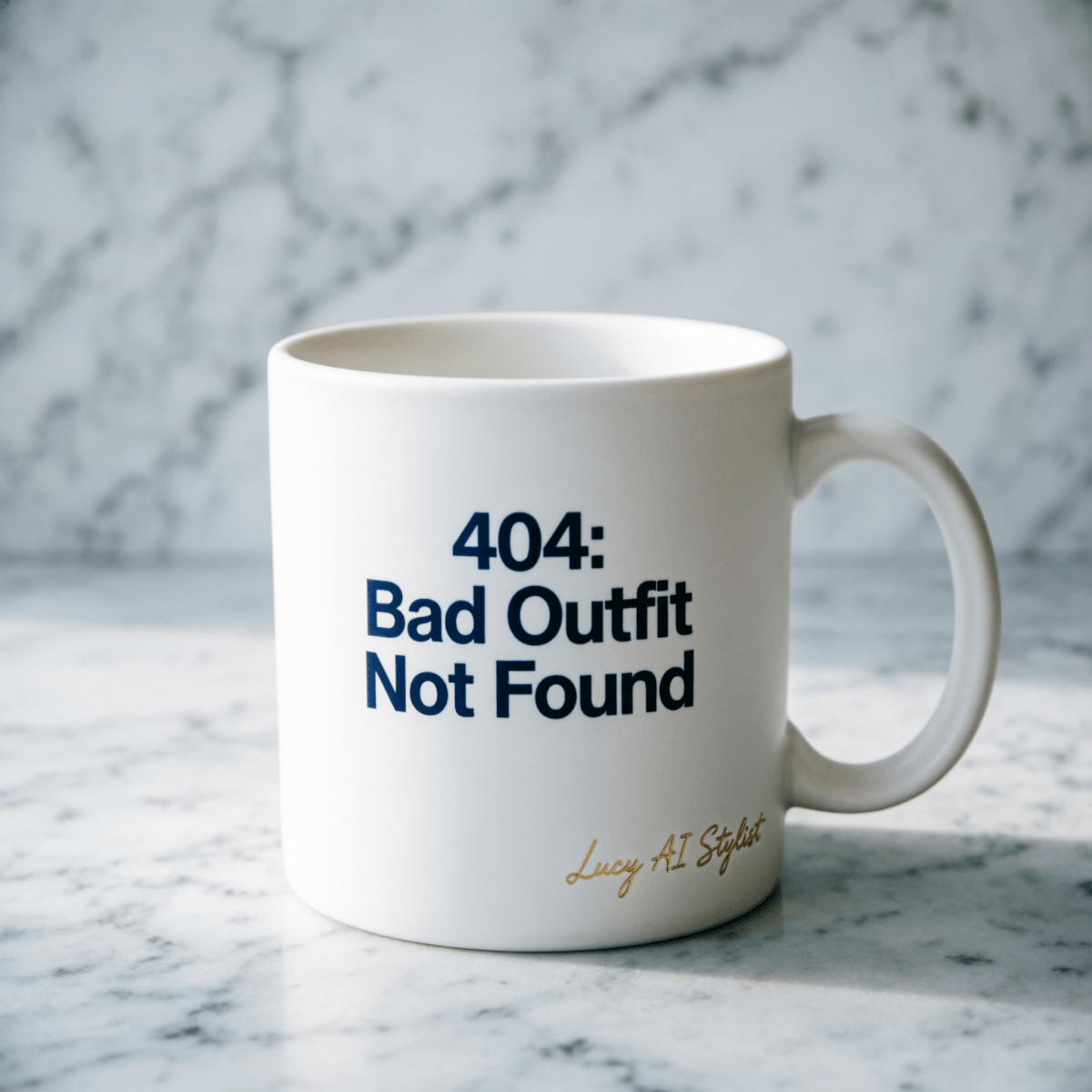 Lucy Says: '404 — Bad Outfit Not Found' Coffee Mug - Tech Humor Gift for fashion lovers