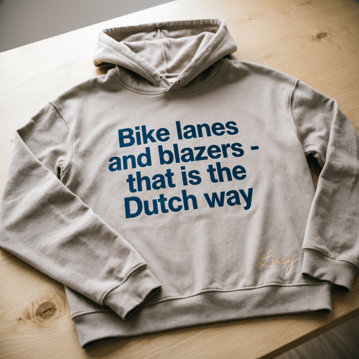 Lucy Says "Bike Lanes and Blazers" Dutch lifestyle sweatshirt in navy — urban cycling fashion