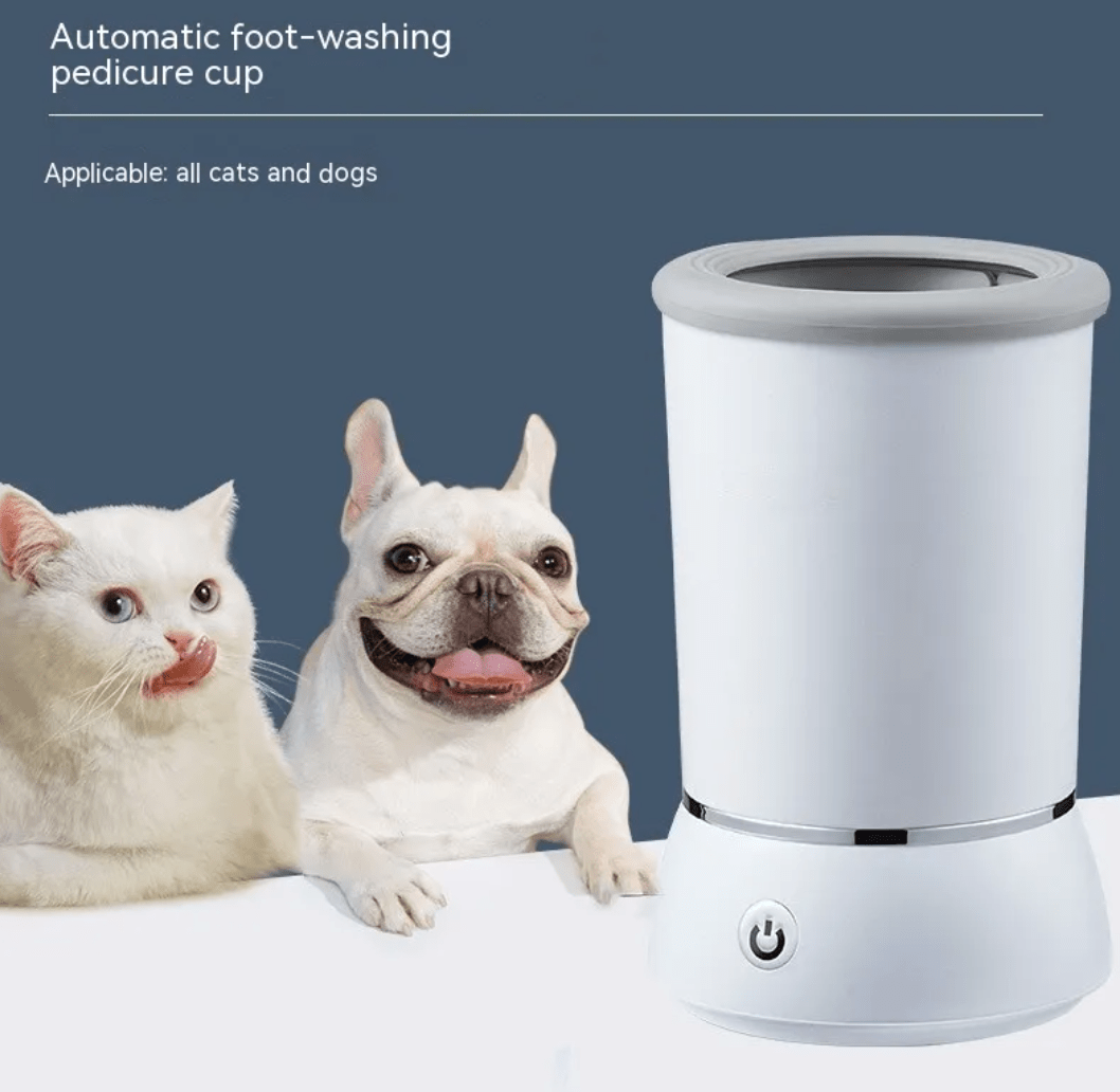 White paw washer next to a white cat and a small bulldog