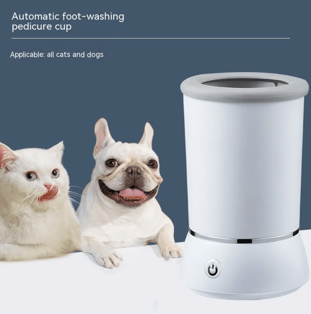 White paw washer beside a cat and a dog, second view