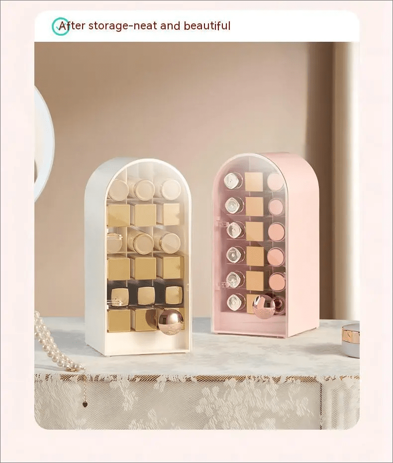 A white and a pink lipstick organizer side by side, both filled with lipsticks, on a lace cloth