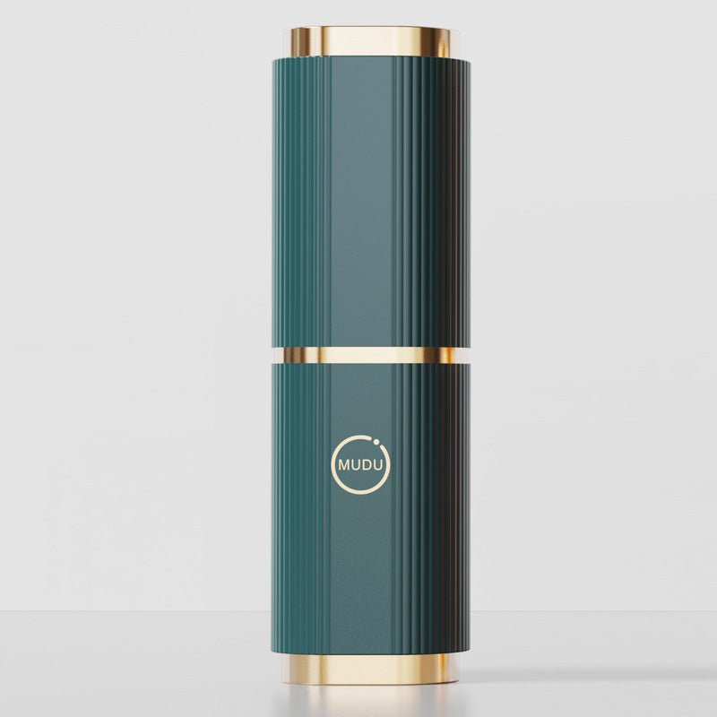 Dark teal fluted column with gold-tone rims
