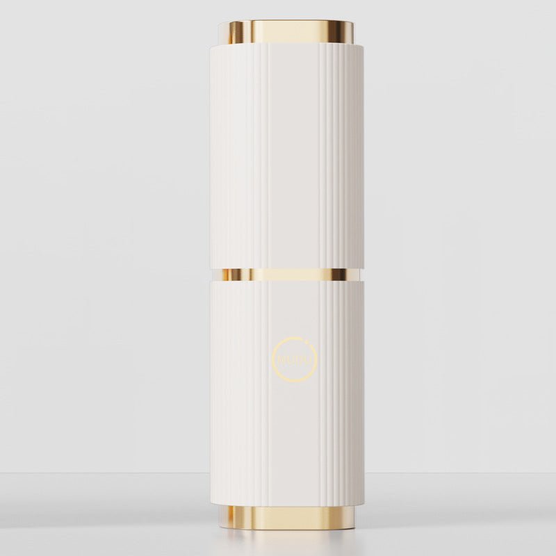White fluted column with gold-tone rims