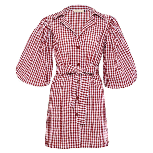 Red Gingham Mini Dress - Women's Cotton Blend A-Line Short Sleeve | WOW Store
