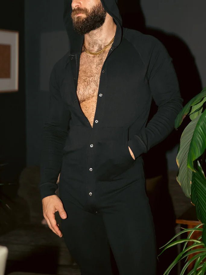 Men's Black Hooded Jumpsuit with Button Front and Pockets - WowStore.live