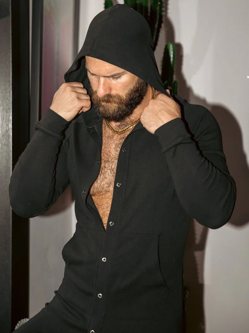 Men's Black Hooded Jumpsuit with Button Front and Pockets - WowStore.live