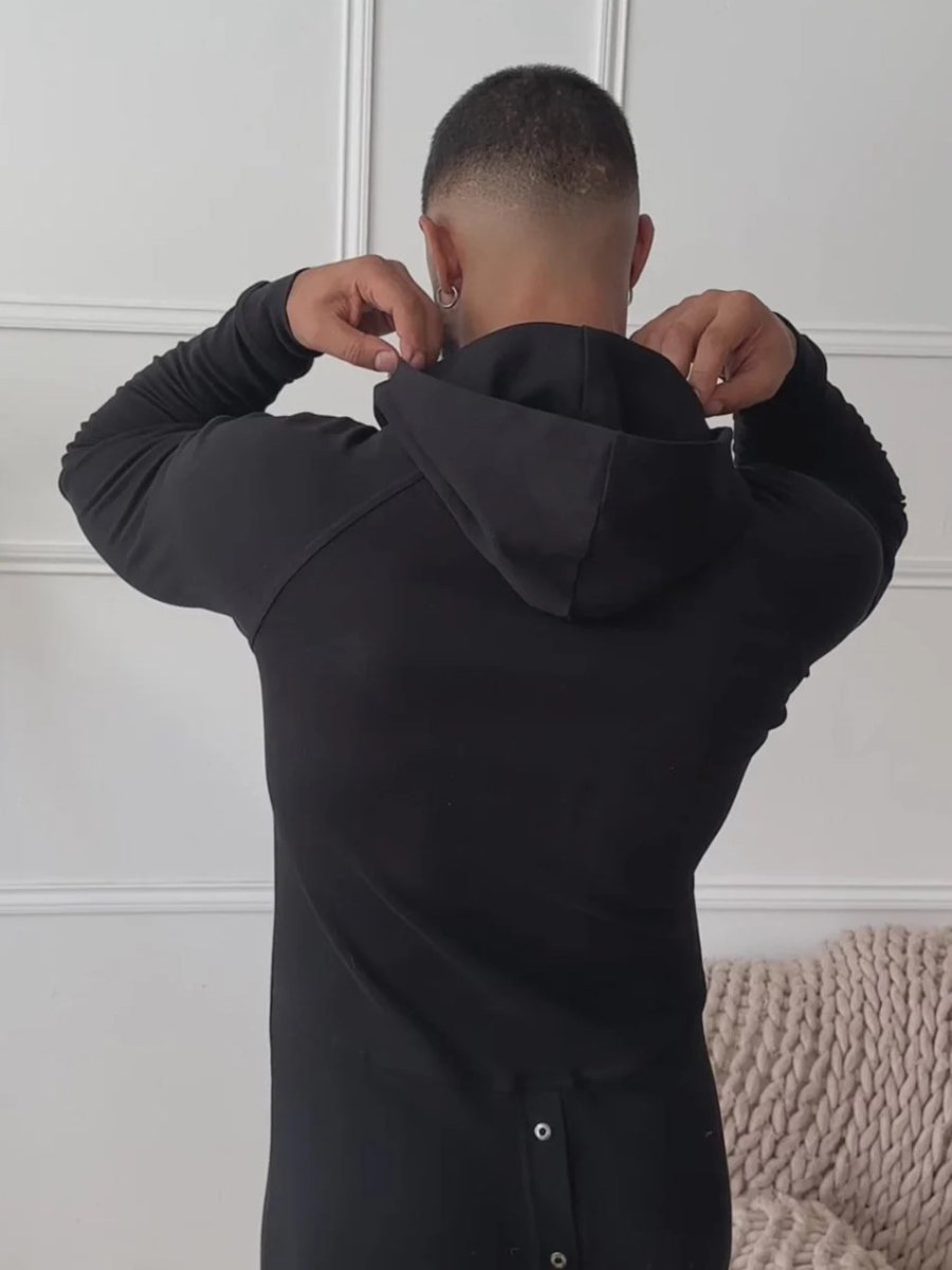 Men's Black Hooded Jumpsuit with Button Front and Pockets - WowStore.live