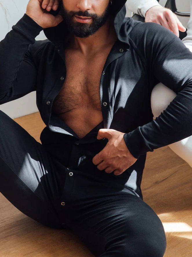 Men's Black Hooded Jumpsuit with Button Front and Pockets - WowStore.live