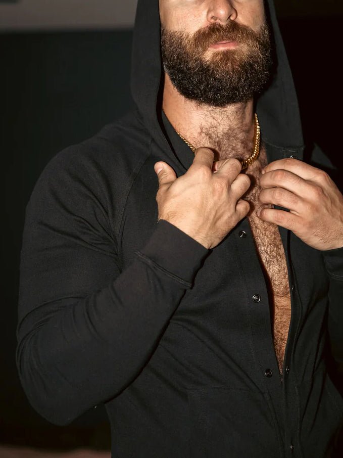 Men's Black Hooded Jumpsuit with Button Front and Pockets - WowStore.live
