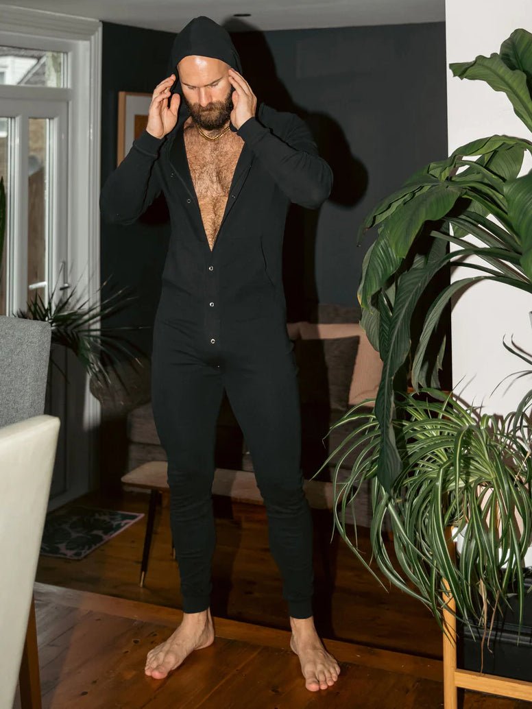 Men's Black Hooded Jumpsuit with Button Front and Pockets - WowStore.live