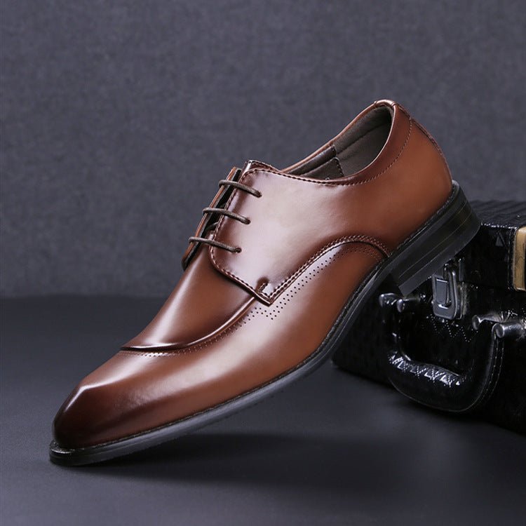 Side view of a brown lace-up shoe with a pointed toe and a low heel