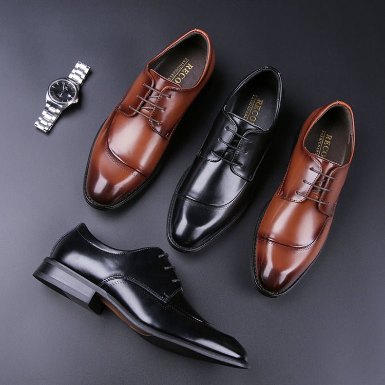 Brown and black lace-up shoes shown from above and from the side, next to a wristwatch used as a prop