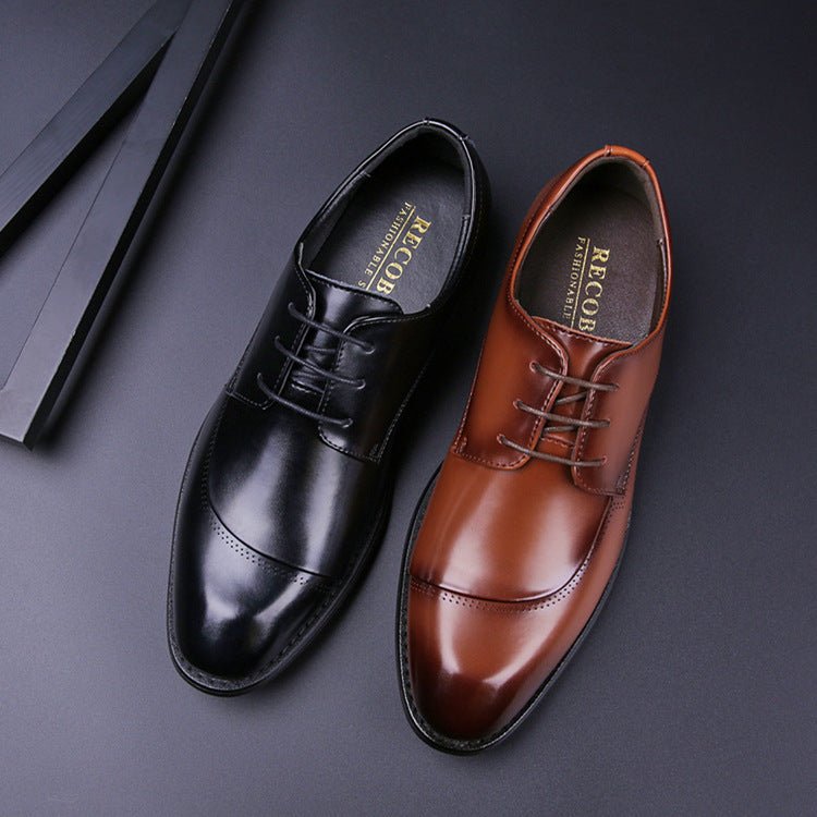One black and one brown cap-toe lace-up shoe side by side, RECOB printed on the insoles