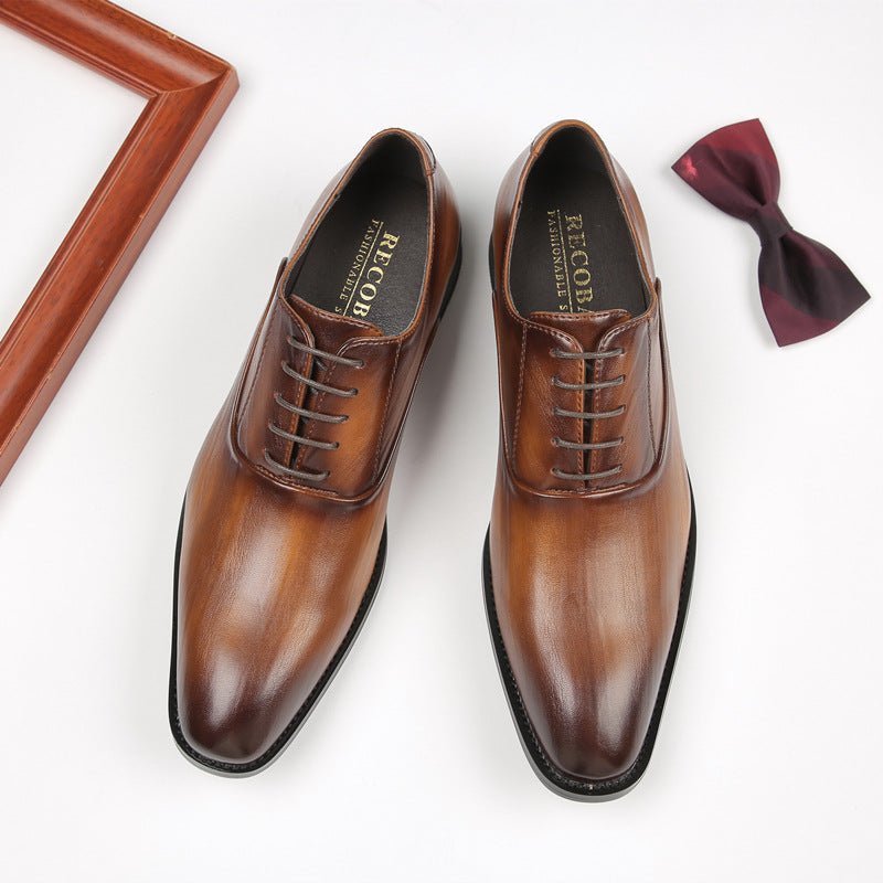 Brown lace-up shoes with a darker toe, angled view