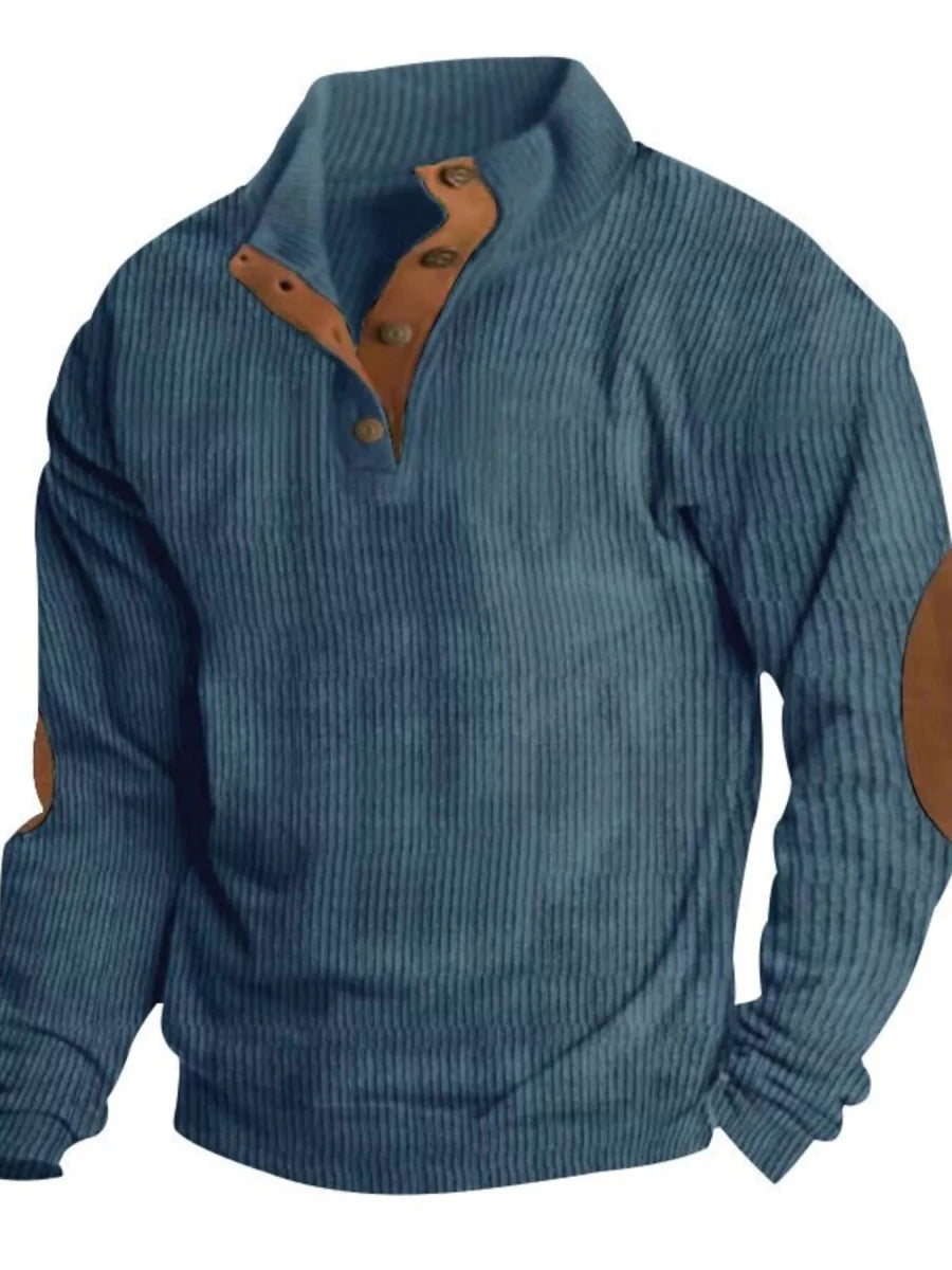 Men’s Full Size Button Detail Long Sleeve Sweatshirt in charcoal grey with subtle button accents on the chest and sleeves — W