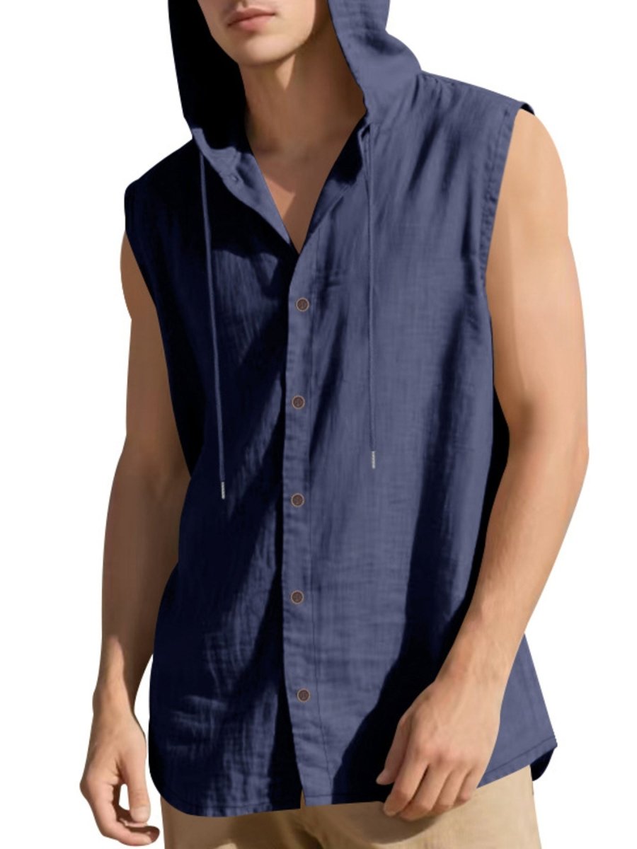 Men's Full Size Casual Sleeveless Hooded Button-Down Top Plus Size - WowStore.live