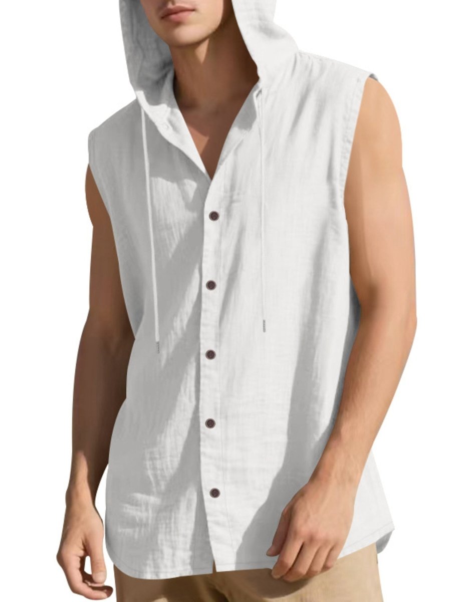 Men's Full Size Casual Sleeveless Hooded Button-Down Top Plus Size - WowStore.live