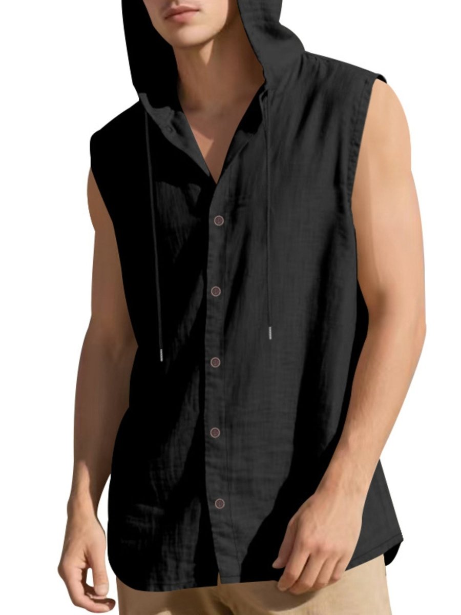 Men's Full Size Casual Sleeveless Hooded Button-Down Top Plus Size - WowStore.live