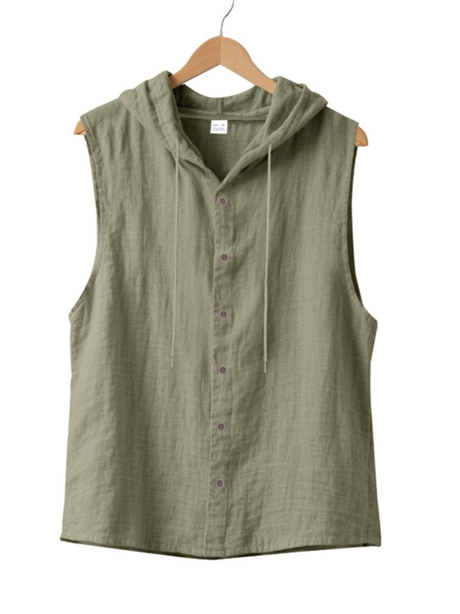 Men's Full Size Casual Sleeveless Hooded Button-Down Top Plus Size - WowStore.live