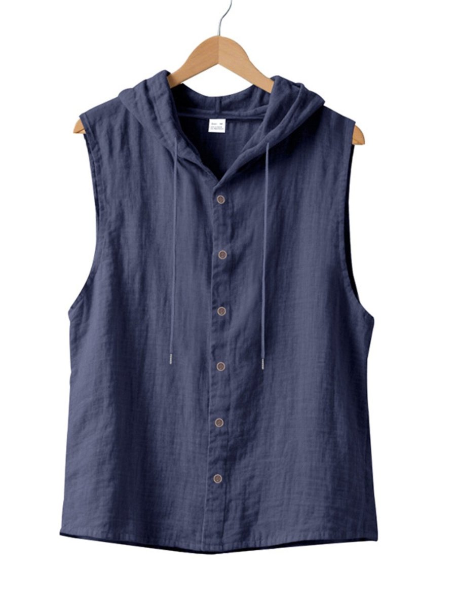 Men's Full Size Casual Sleeveless Hooded Button-Down Top Plus Size - WowStore.live