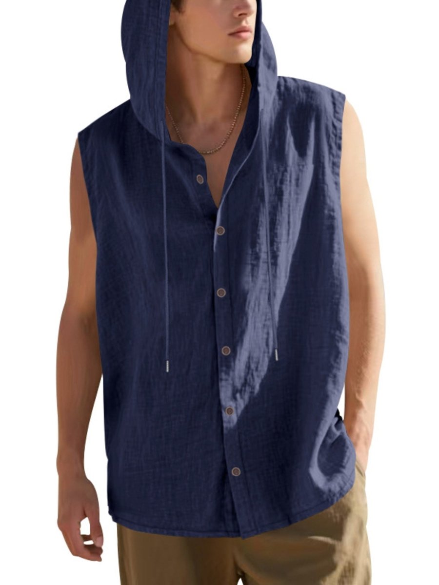 Men's Full Size Casual Sleeveless Hooded Button-Down Top Plus Size - WowStore.live