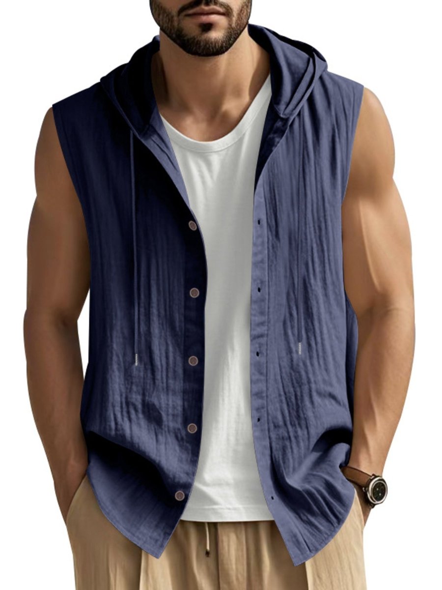 Men's Full Size Casual Sleeveless Hooded Button-Down Top Plus Size - WowStore.live