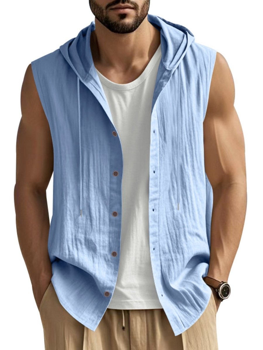 Men's Full Size Casual Sleeveless Hooded Button-Down Top Plus Size - WowStore.live