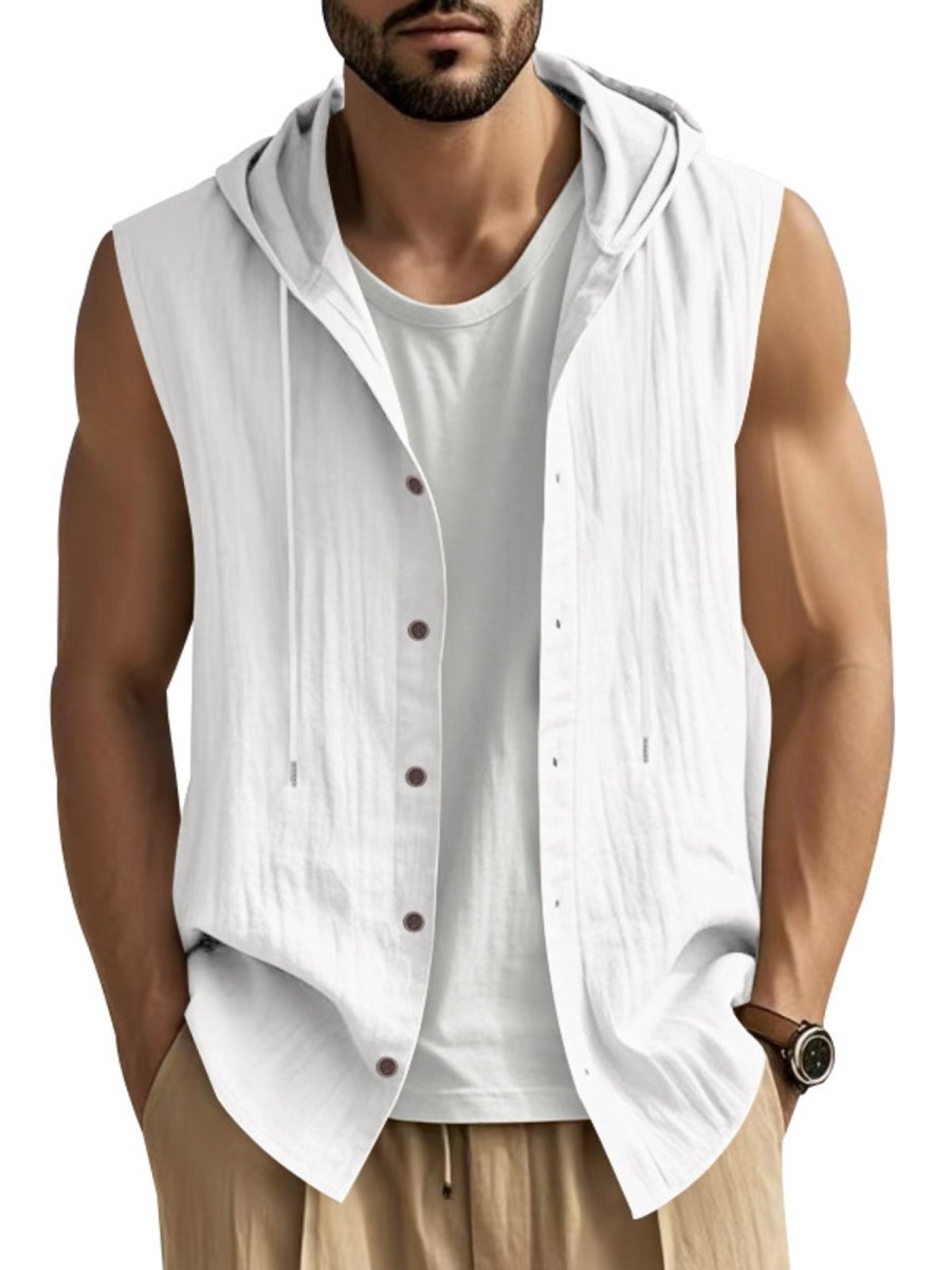 Men's Full Size Casual Sleeveless Hooded Button-Down Top Plus Size - WowStore.live