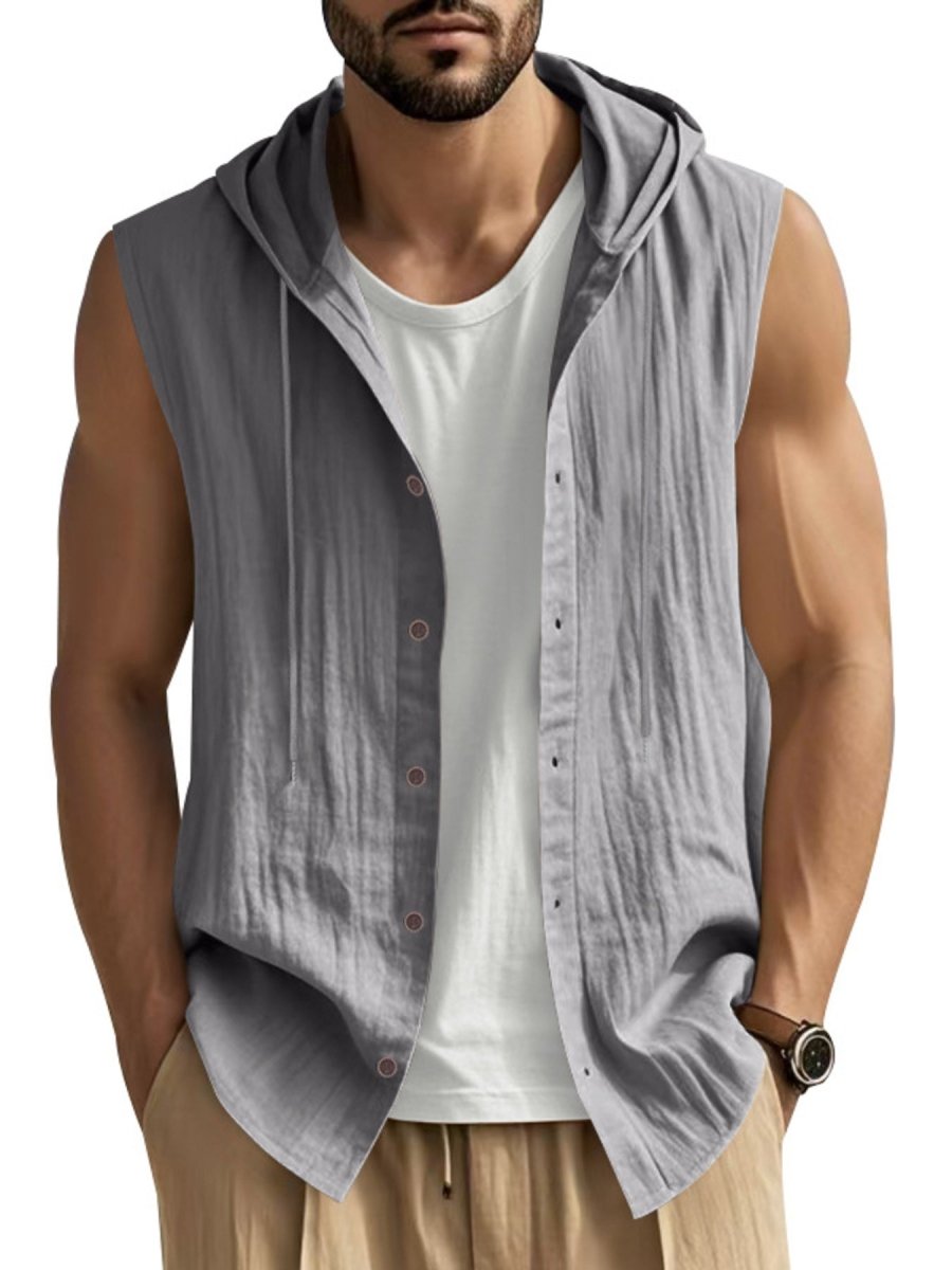 Men's Full Size Casual Sleeveless Hooded Button-Down Top Plus Size - WowStore.live