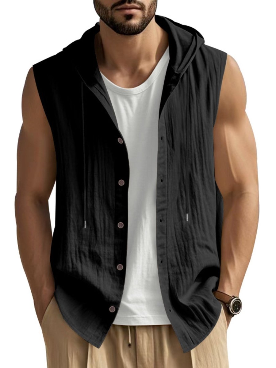 Men's Full Size Casual Sleeveless Hooded Button-Down Top Plus Size - WowStore.live