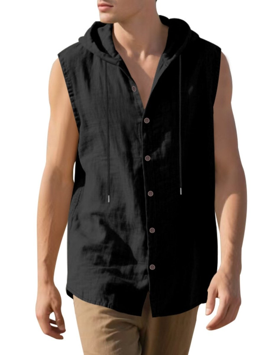 Men's Full Size Casual Sleeveless Hooded Button-Down Top Plus Size - WowStore.live