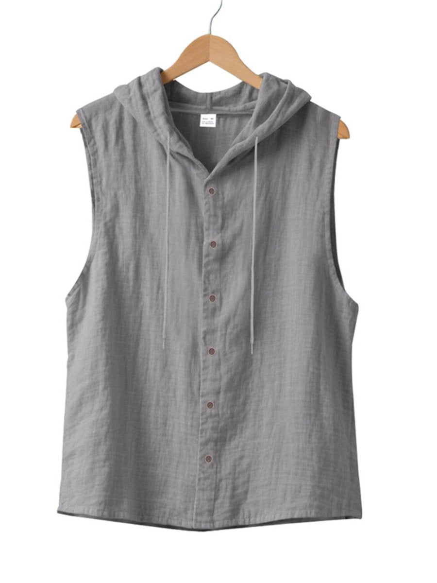 Men's Full Size Casual Sleeveless Hooded Button-Down Top Plus Size - WowStore.live