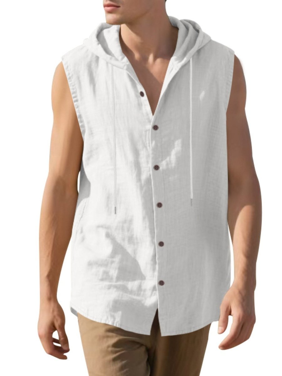 Men's Full Size Casual Sleeveless Hooded Button-Down Top Plus Size - WowStore.live