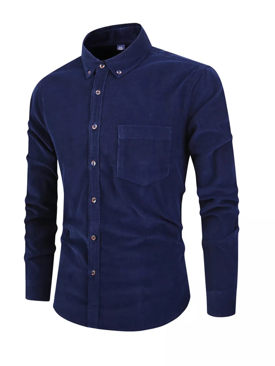 Men's corduroy long sleeve button-down shirt in brown, plus size, soft cotton fabric with full front closure and chest pocket