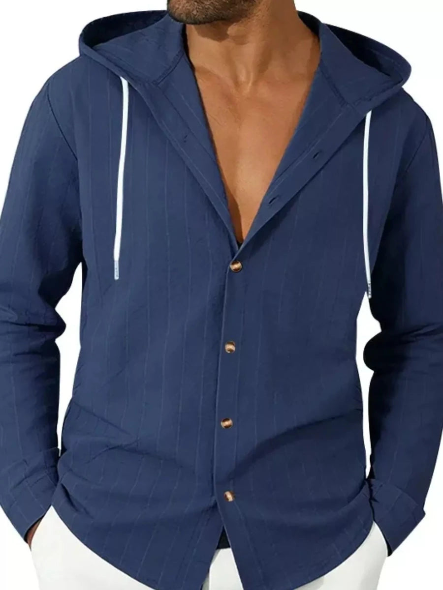 Men's Full Size Drawstring Hooded Button Up Shirt Plus Size - WowStore.live