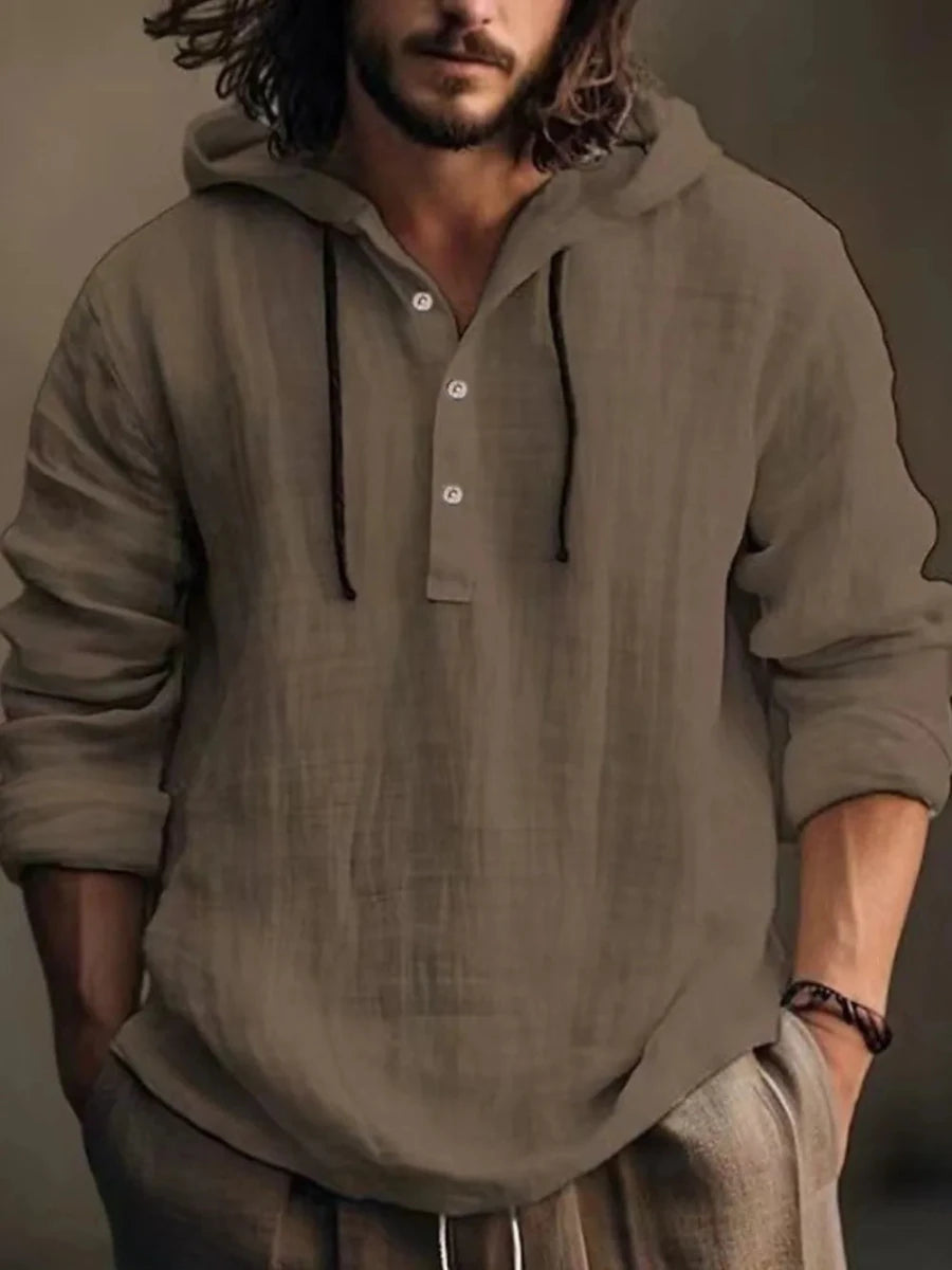 Men's Full Size Half Button Long Sleeve Hoodie - Wow Store
