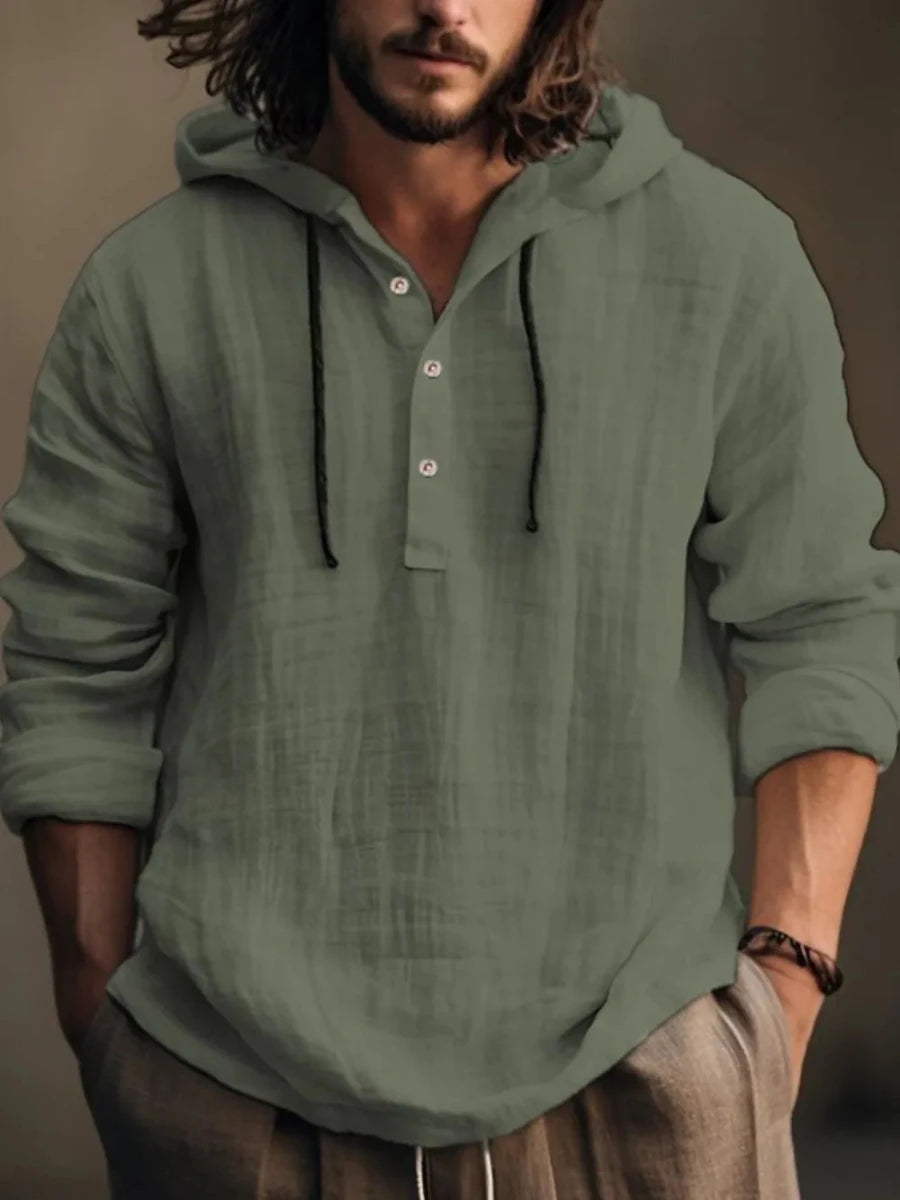 Men's Full Size Half Button Long Sleeve Hoodie - Wow Store