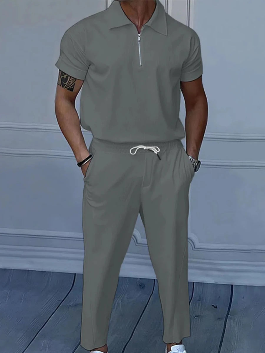 Men's Full Size Quarter Zip Short Sleeve Polo and Pants Set Plus Size - Wow Store