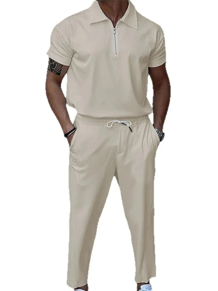 Men's Full Size Quarter Zip Short Sleeve Polo and Pants Set Plus Size - Wow Store