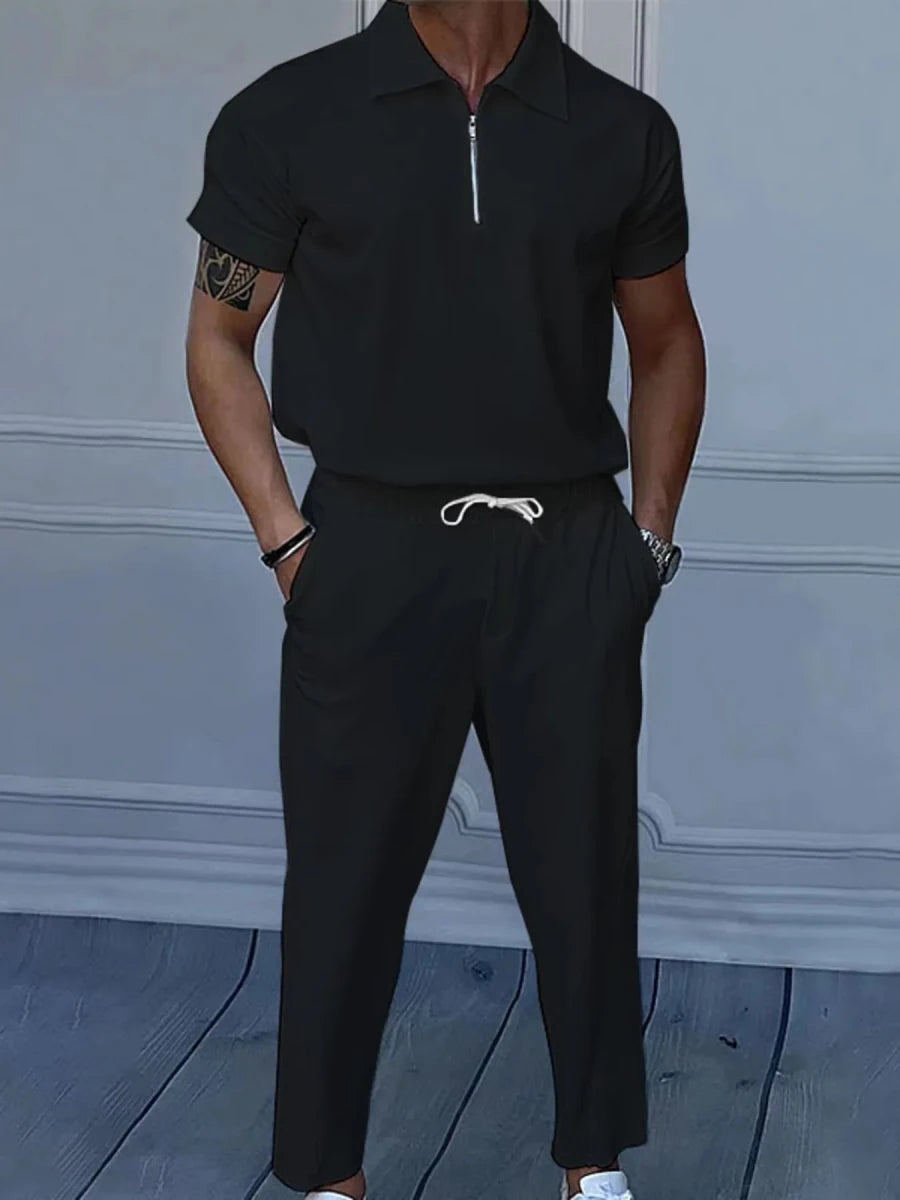 Men's Full Size Quarter Zip Short Sleeve Polo and Pants Set Plus Size - Wow Store