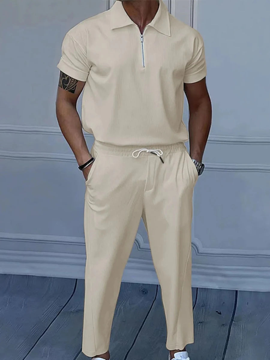 Men's Full Size Quarter Zip Short Sleeve Polo and Pants Set Plus Size in navy - comfortable casual wear