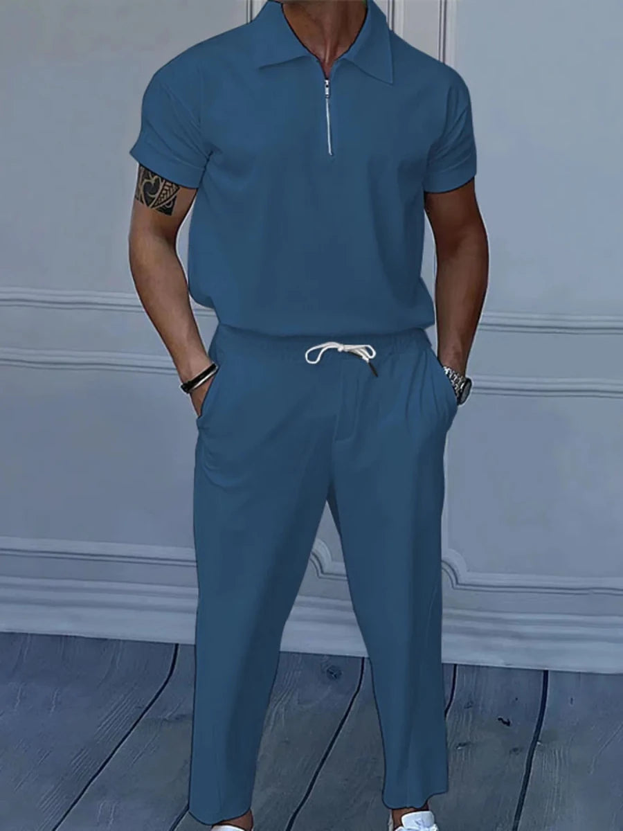 Men's Full Size Quarter Zip Short Sleeve Polo and Pants Set Plus Size - Wow Store