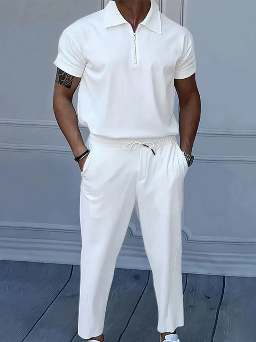 Men's Full Size Quarter Zip Short Sleeve Polo and Pants Set Plus Size - Wow Store