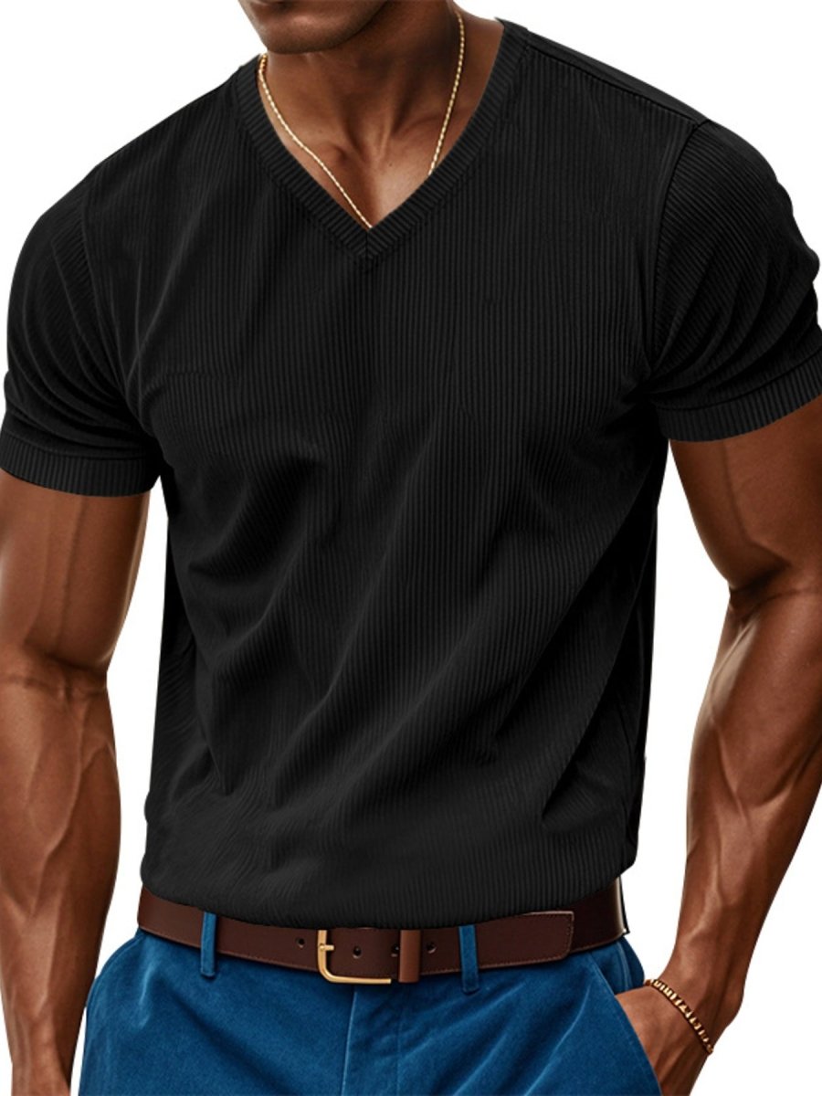 Men's Full Size Ribbed V-Neck T-Shirt Plus Size - WowStore.live