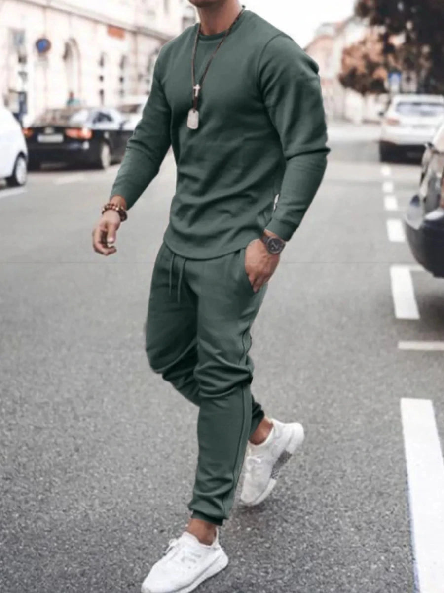 Men's Full Size Round Neck Long Sleeve Top and Pants Set Plus Size - Wow Store