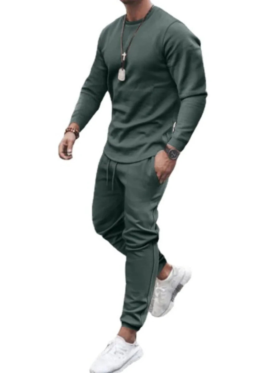 Men's Full Size Round Neck Long Sleeve Top and Pants Set Plus Size - Wow Store